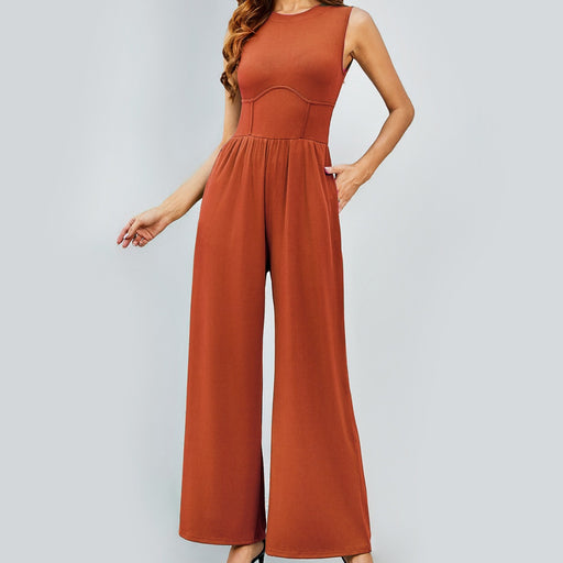 Color-Women Clothing Solid Color Vest High Waist Slim Fit Bodysuit round Neck Wide Leg Straight Simple Evening Dress-Fancey Boutique
