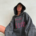 Color-Dark Gray-Street Worn Looking Washed-out Broken Letters Printed Hoodie Women Autumn Lazy Loose Pocket Coat-Fancey Boutique