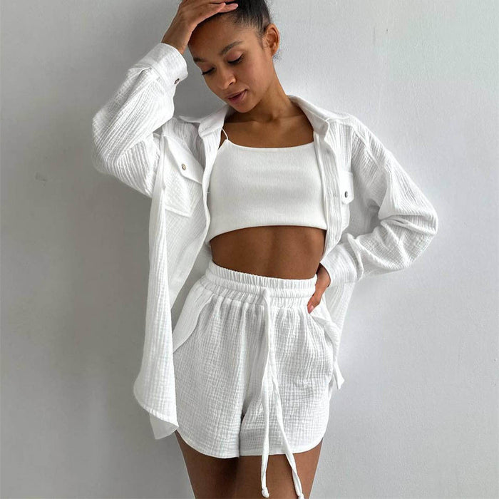 Color-Women Clothing Spring Collared Loose Shirt High Waist Shorts Two Piece Set Casual Set-Fancey Boutique