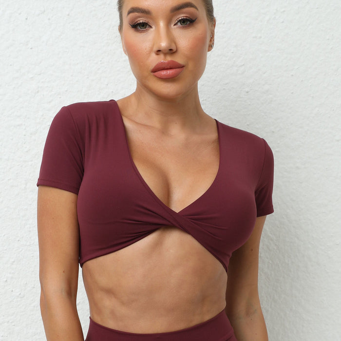 Color-Burgundy-Yoga Short Sleeve Skinny V Neck Sports Short Sleeve T Shirt Top High Intensity Shockproof Quick Drying Running Fitness Clothes-Fancey Boutique