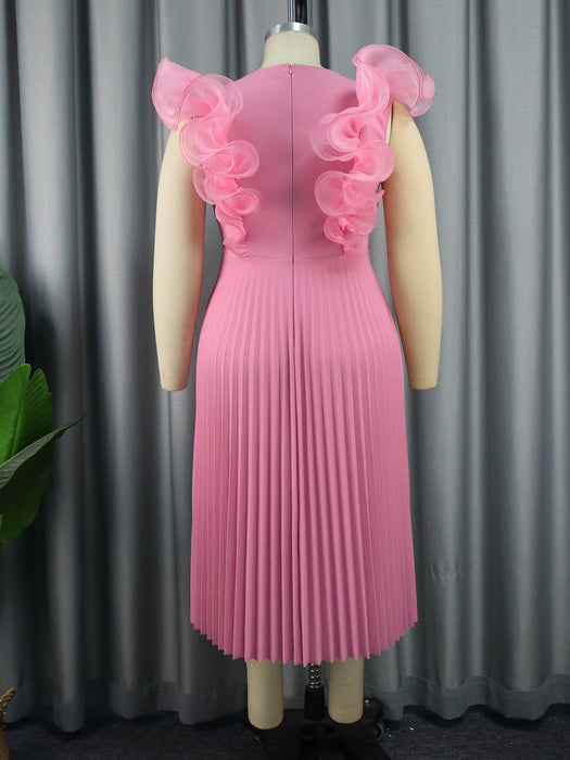 Color-Early Autumn Mesh Stitching Dress Sleeveless Pleated High Waisted Dresses-Fancey Boutique