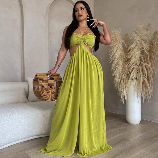 Color-Source Sexy Chiffon Chest Wrapped Bare Back Wide Leg Jumpsuit Women Clothing-Fancey Boutique