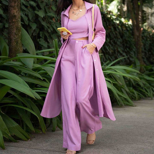 Color-Lavender-Fall Casual Trench Coat Wide Leg Pants Women Clothing Three-Piece Suit-Fancey Boutique