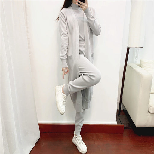 Color-Gray-Autumn Fashionable Graceful sets Women Clothing Western Youthful Looking Casual Knitted Cardigan Vest Pants Three Piece Set-Fancey Boutique