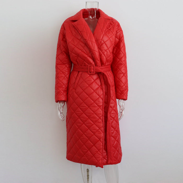 Color-Red-Warm Keeping Cotton Clothing Cotton Padded Coat for Winter Women Rhombus Cotton-Padded Jacket Waist Tight Long Cut Coat Plus Size Coat for Women-Fancey Boutique