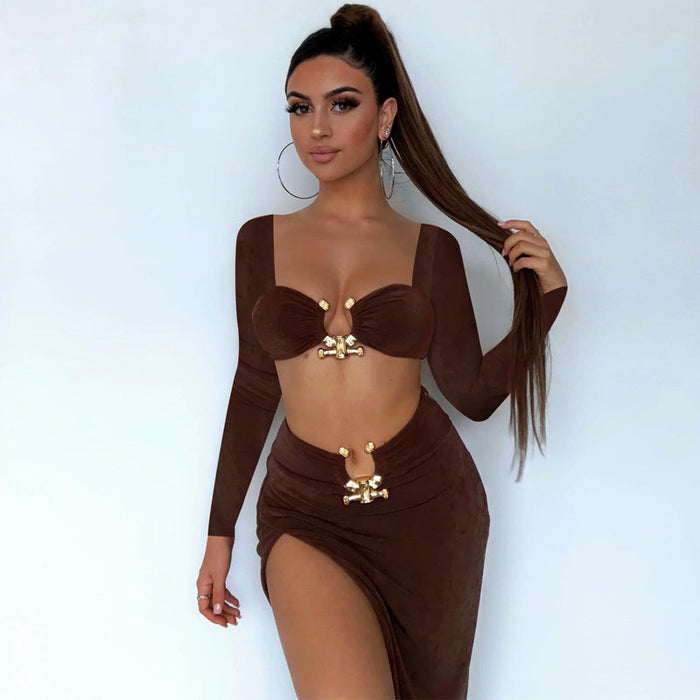 Color-Brown-Fall Women Suit Sexy Slim Fit Cropped Stitching Tube Top Long Sleeve Slit Sheath Skirt-Fancey Boutique