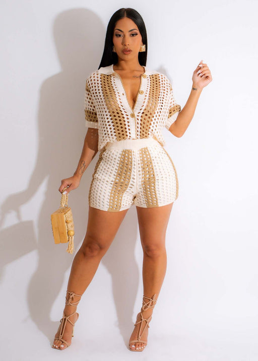 Color-Khaki-Women Clothing Sexy Women Hollow Out Cutout Out See Through Collared Knitted Shorts Suit-Fancey Boutique