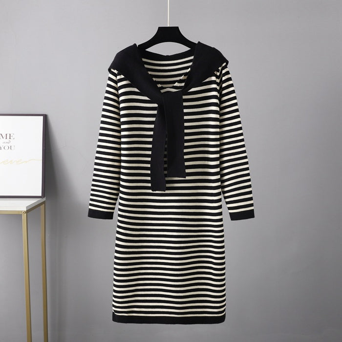 Color-Autumn Winter Striped Slimming Long Sweater Shawl Western Sweater Women Dress-Fancey Boutique