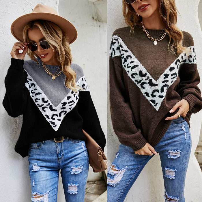 Color-Fall Women Clothing Leopard Print Pullover Round Neck Sweater Sweater Sweater for Women-Fancey Boutique