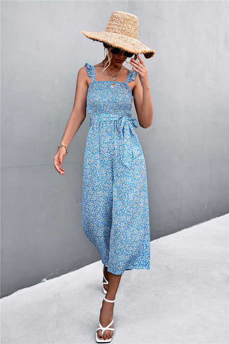 Color-Blue-Spring Summer Flying Sleeves Belt Floral Smocking Jumpsuit-Fancey Boutique