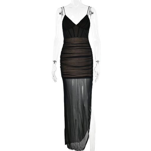 Color-Black-Summer V neck Strap Dress Women Sexy See through Gauze Stitching High Slit Maxi Dress-Fancey Boutique