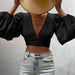 Color-Autumn New Women Clothing Solid Color Sexy Long Sleeve Deep V Plunge Plunge Women Cropped Top-Fancey Boutique