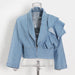 Color-light blue-Autumn Office Niche Design Patchwork Ruffled Long Sleeve Short Women Jeans Shirt-Fancey Boutique