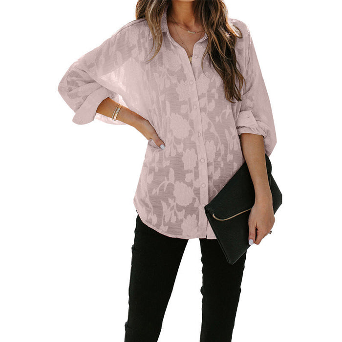 Color-Pink-Thin Lapels Shirt Women Autumn Summer Solid Color Start Long Sleeve Shirt-Fancey Boutique