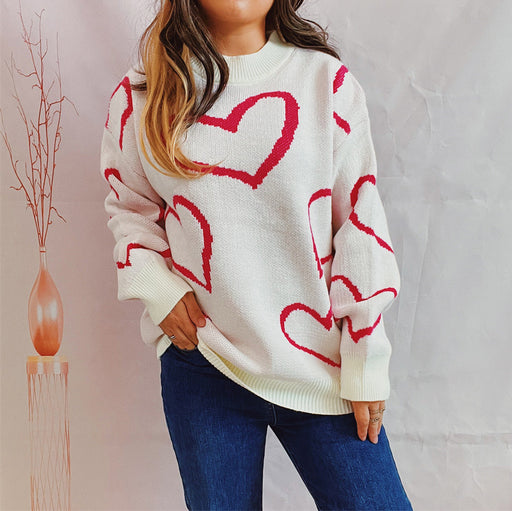 Color-Valentine Day Love Pattern Sweater round Neck Long Sleeve Autumn Winter Thickening Knitted Pullover for Women-Fancey Boutique