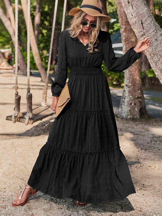 Color-Black-Long Sleeve Dress Autumn Winter Office Women Maxi Dress-Fancey Boutique