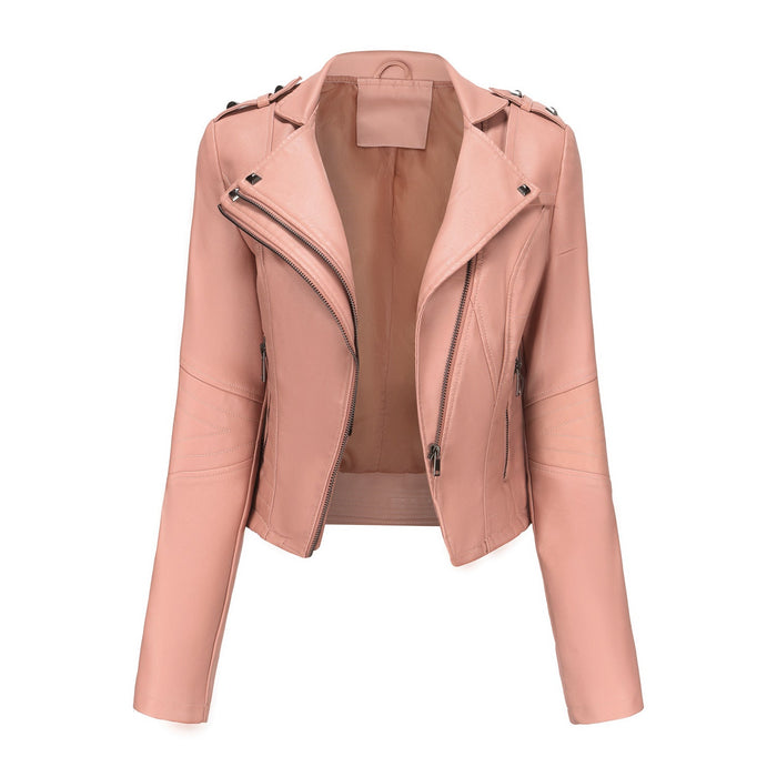 Color-Pink-Slim Fit Long Sleeved Spring Autumn Leather Jacket Women Rivet Popular Short Jacket Zipper Leather Jacket-Fancey Boutique