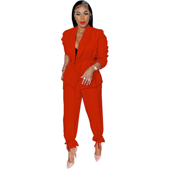 Color-Orange-Spring Autumn Solid Color Lace-up Long Sleeve Small Blazer Casual Jogger Pants Suit-Fancey Boutique