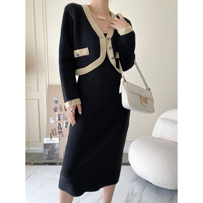 Color-Black (Suit)-Fragrant Dress Knitted Cardigan Two Piece Set Autumn Winter Gentle Slim Fit Suit-Fancey Boutique