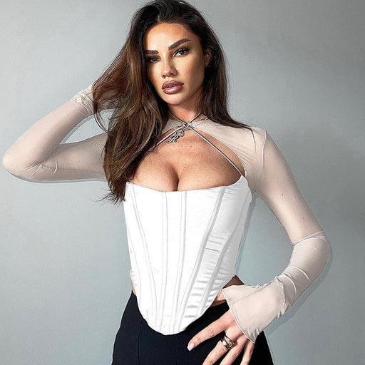 Color-Women Clothing Summer Sexy Boning Corset Boning Corset Hollow Out Cutout out See-through Mesh Satin T shirt Top for Women-Fancey Boutique