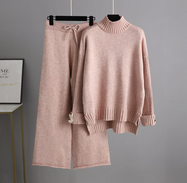 Color-Autumn Winter Knitting Suit Women Trendy Semi-High Collar Sweater Thickened Outer Wear Loose two piece set-Fancey Boutique