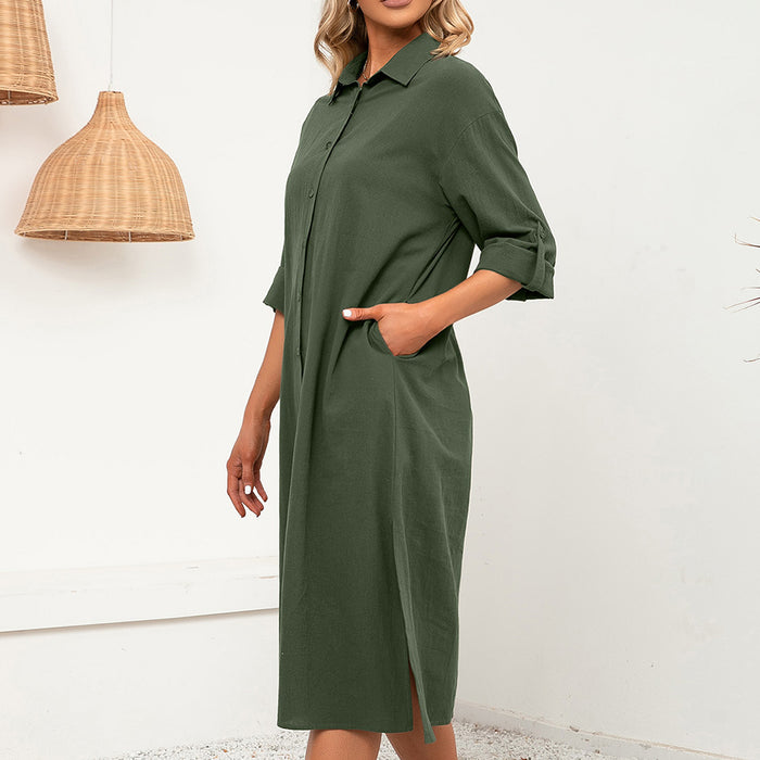 Color-Collared Single Breasted Long Sleeve Loose Casual Slit Hemline at Hem Shirt Dress Long Shirt for Women-Fancey Boutique