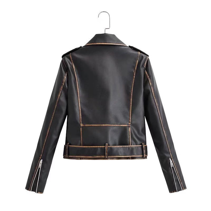 Color-Spring Retro Faux Leather Coat Women Single Car Coat-Fancey Boutique