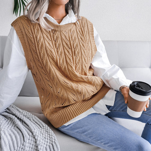 Color-Autumn Winter round Neck Hollow Out Cutout Leaves Casual Knitted Vest Sweater Women Clothing-Fancey Boutique