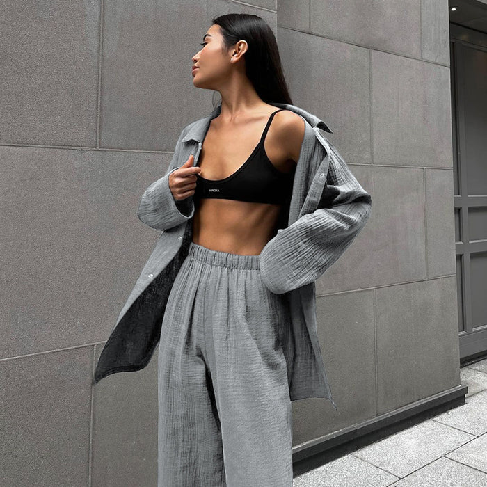 Color-Autumn Pure Cotton Gray Long Sleeve Cardigan Pajamas Two Piece Loose Comfortable Trousers Ladies Homewear-Fancey Boutique