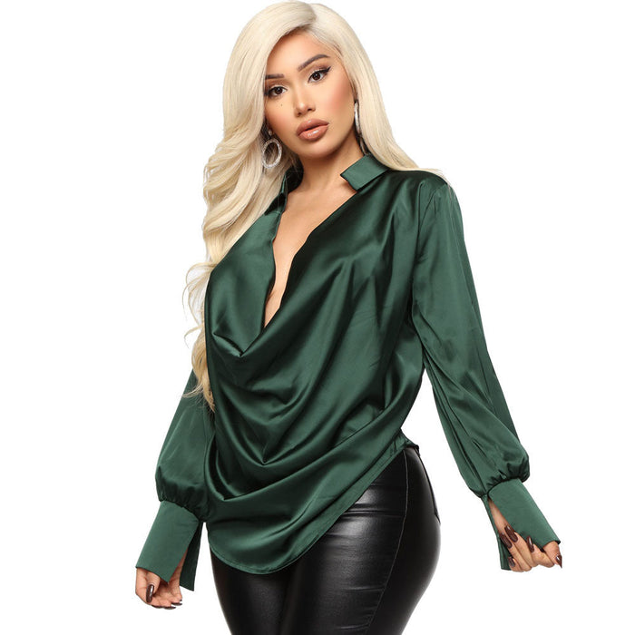 Color-Fall Winter Sexy Long Sleeve Deep V Plunge Neck Satin All Match Women Shirt-Fancey Boutique