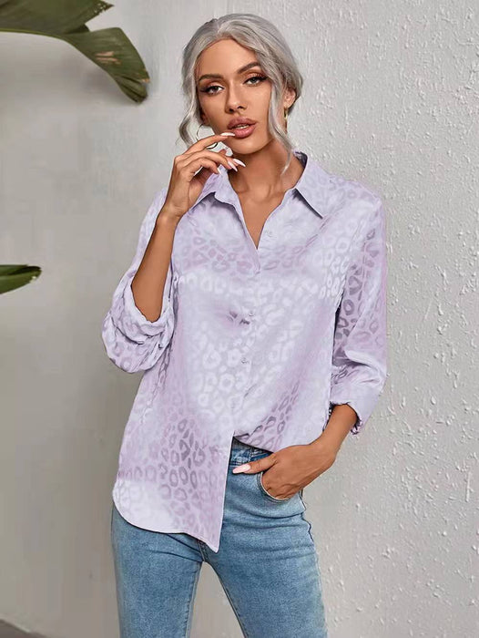 Color-violet-Women Clothing Spring Autumn Long Sleeve Collared Elegant Satin Jacquard Leopard Print Shirt-Fancey Boutique