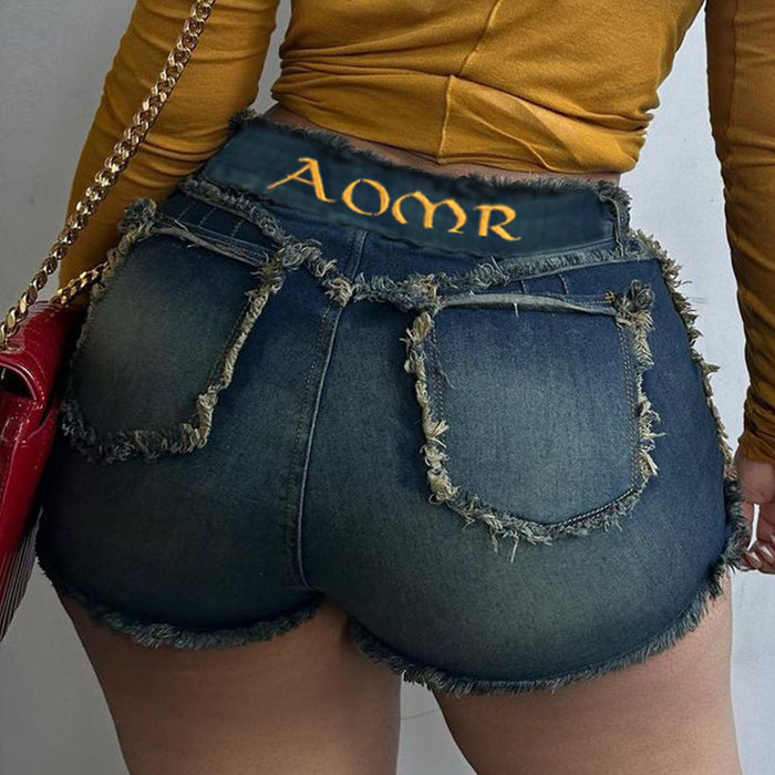 Color-Street Sexy Fashionable Letters Embroidered Frayed Hem Denim Pants Distressed High Waist Thin Looking Cool Hip Hop Shorts-Fancey Boutique