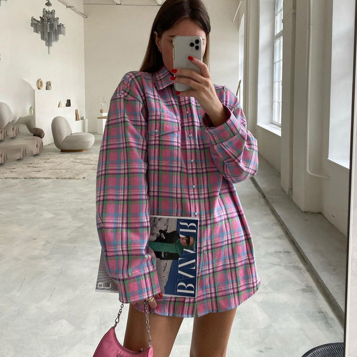 Color-Fall Retro Easy Matching Cotton Collared Long Sleeve Shirt Loose Casual Pink Plaid Shirt Women Clothing-Fancey Boutique