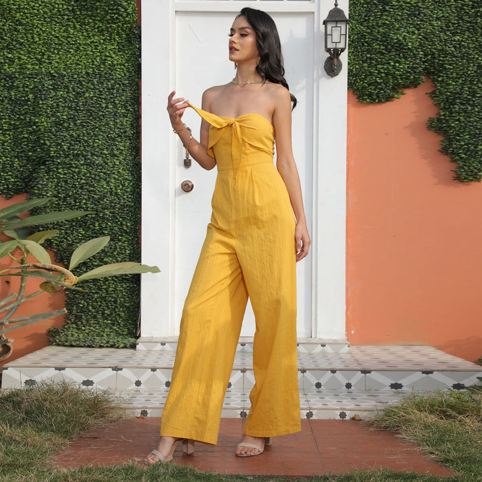 Color-Summer Trousers without Belt Straight Yellow Adult Office Pure High Waist Jumpsuit-Fancey Boutique