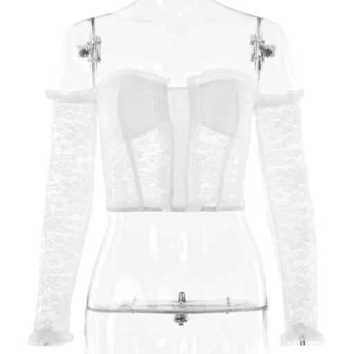 Color-White-Summer Sexy Slim Lace Stitching Long Sleeve See through Tube Top-Fancey Boutique
