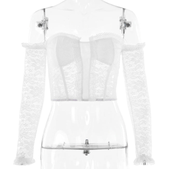 Color-White-Summer Sexy Slim Lace Stitching Long Sleeve See through Tube Top-Fancey Boutique