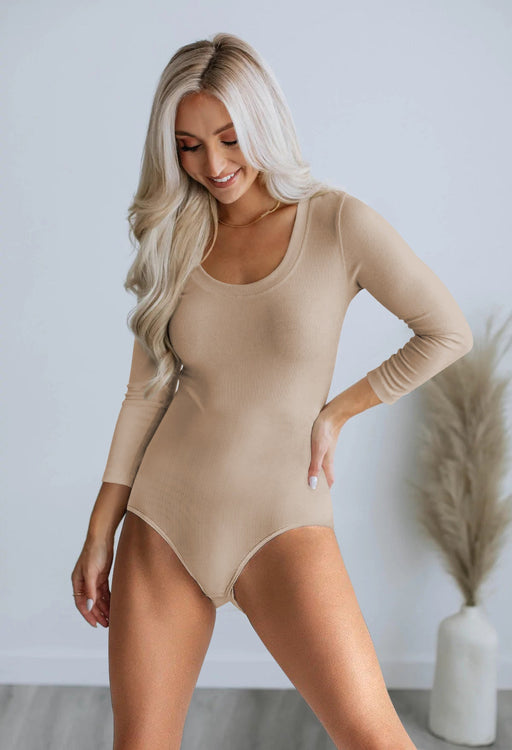 Color-Apricot-Autumn Thread Fitted Long Sleeve Tight Sexy Bodysuit Bottoming T Back One Piece Trousers-Fancey Boutique