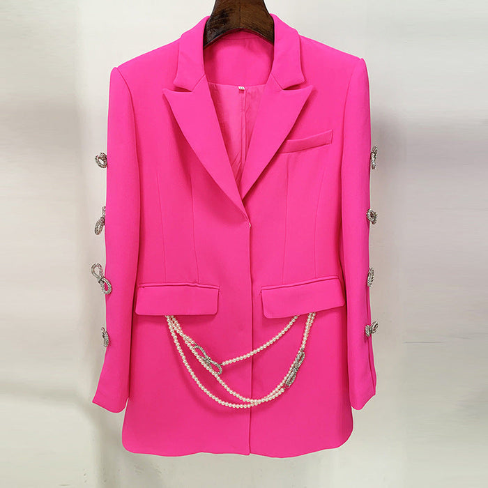 Color-Pink-Dyed Fabric Dignified Sense of Design Sleeve Hollow Out Cutout Jeweled Bow Pearl Blazer Dress-Fancey Boutique