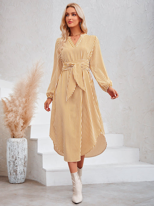 Color-Yellow-Autumn Winter Women Clothing Casual V neck Striped Lace up Waist Controlled Shirt Dress-Fancey Boutique