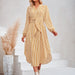 Color-Yellow-Autumn Winter Women Clothing Casual V neck Striped Lace up Waist Controlled Shirt Dress-Fancey Boutique