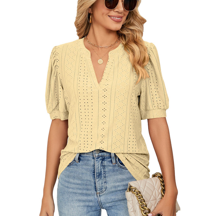 Color-Yellow-Summer Casual V Neck Solid Color Hollow Out Cutout Puff Sleeve Loose Fitting T Shirt Top Women-Fancey Boutique