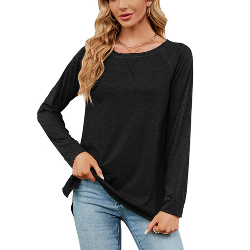 Color-Black-Autumn Winter round Neck Contrast Color Loose Long-Sleeved T-shirt Split Top Women-Fancey Boutique