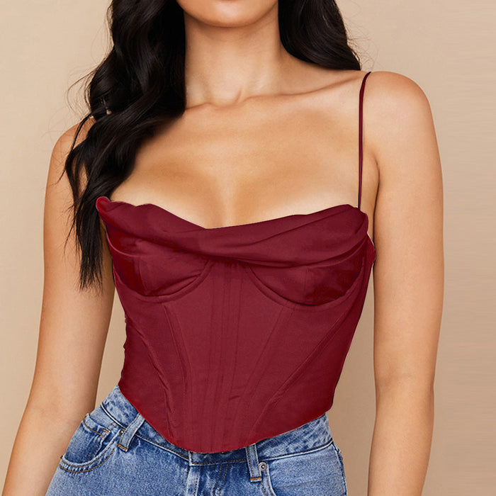 Color-Fall Women Clothing Sexy Pile Collar Satin Pleated Camisole Top for Women Boning Corset Boning Corset Corset Bandana-Fancey Boutique