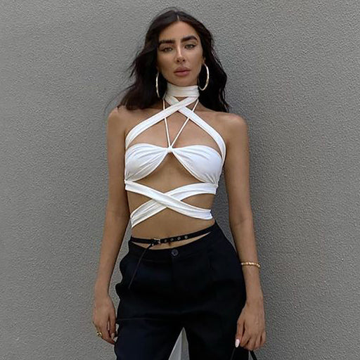 Color-Sexy Exposed cropped Hollow Out Cutout out Strap Halter Tube Top Top Women Clothing Spring-Fancey Boutique