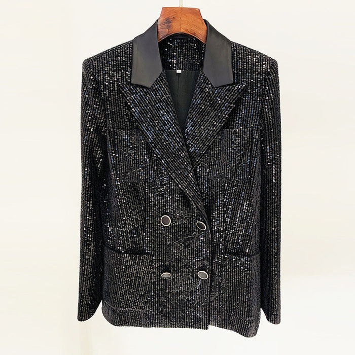 Color-Goods Gold Velvet Sequined Double Breasted Blazer Slim Fit Skinny Pants Suit-Fancey Boutique