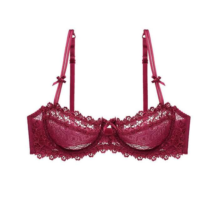 Color-Red-Lace Cutout Embroidered Lace Bow Shoulder Sneaky Design Girl Bra-Fancey Boutique