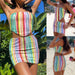 Color-Summer Women Clothing Wrapped Chest Rainbow Striped Printed Irregular Asymmetric Sheath Dress Set Women-Fancey Boutique