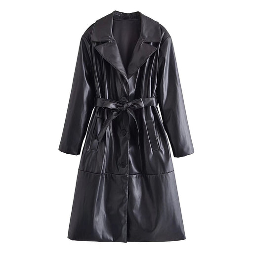 Color-Black-Autumn Women Clothing Street Casual Long Leather Wind Coat Women-Fancey Boutique