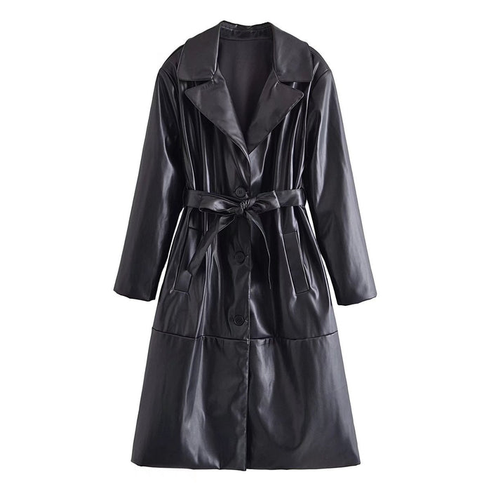 Color-Black-Autumn Women Clothing Street Casual Long Leather Wind Coat Women-Fancey Boutique