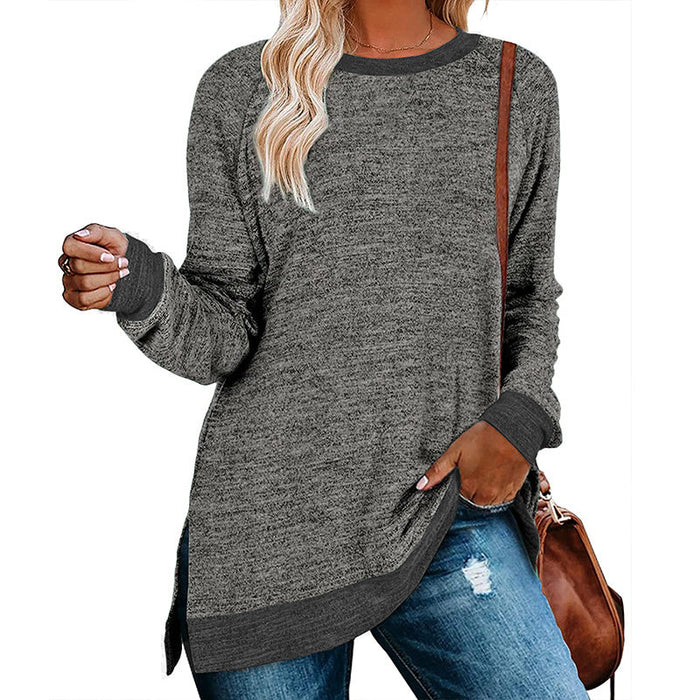 Color-Dark Grey-Women Clothing Long Sleeve round Neck Multicolor Split Top Loose Casual Pullover T-shirt-Fancey Boutique